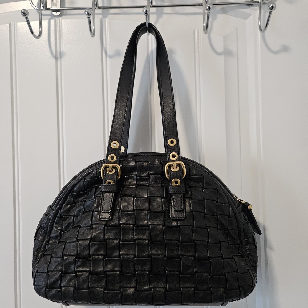 Escada Woven Satchel Shoulder Leather Bag Top Handle Gold Hardware Black - Picture 9 of 12